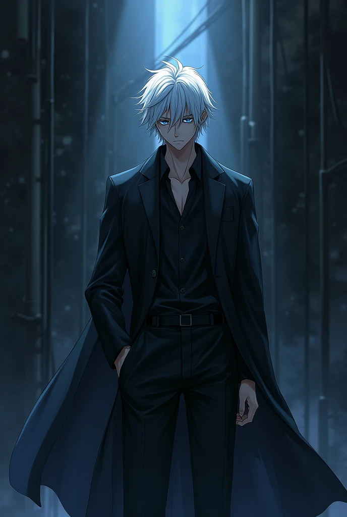 Anime like, majestic, like a novel, serious, mature, colourful, beautiful, male, black clothes, powerful, has the world in his hand, tired look, in a corner, dark, ominous, sad, white short hair, grey-blueish eyes