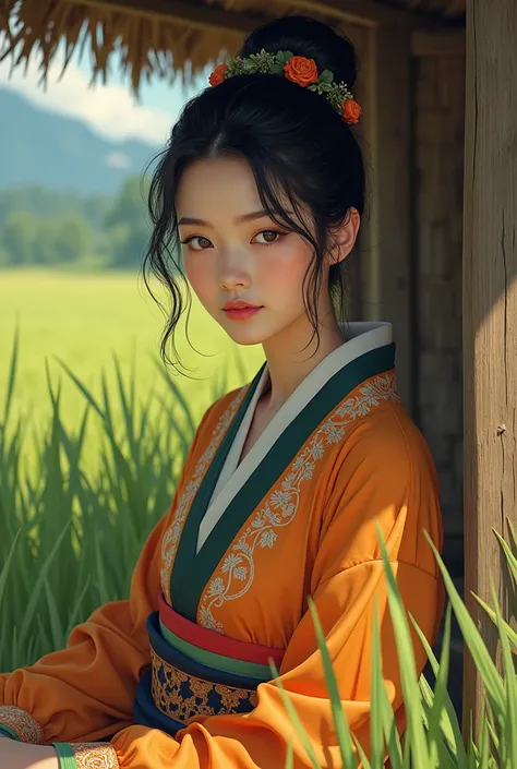 a beautiful asian woman with jaw dropping beauty wearing traditional kemben is sitting in the hut at the rice field + ni no kuni style + gouache + magical atmosphere + vivid details + golden ratio + ultra-detail --ar 16:9