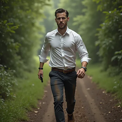 Handsome white man, strong body.  of the white dress shirt , Bent up to the forearms ,Dirty dirt and dress pants running lost in the middle of the forest, with the cell phone to the ear.  black hair .  backwards. 