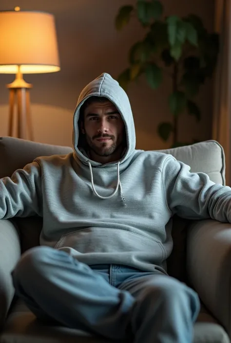 A man sitting in a relaxed way wearing a light gray hooded sweater, leaning slightly on the couch