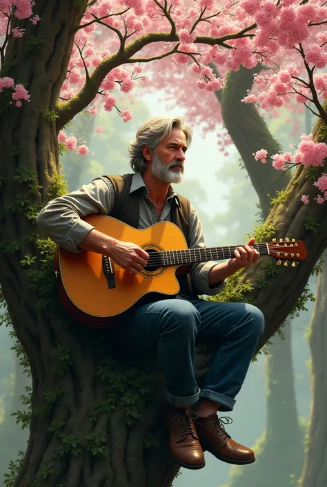 Make a realistic man holding the guitar playing in the middle of the trees while sitting on the cherry tree