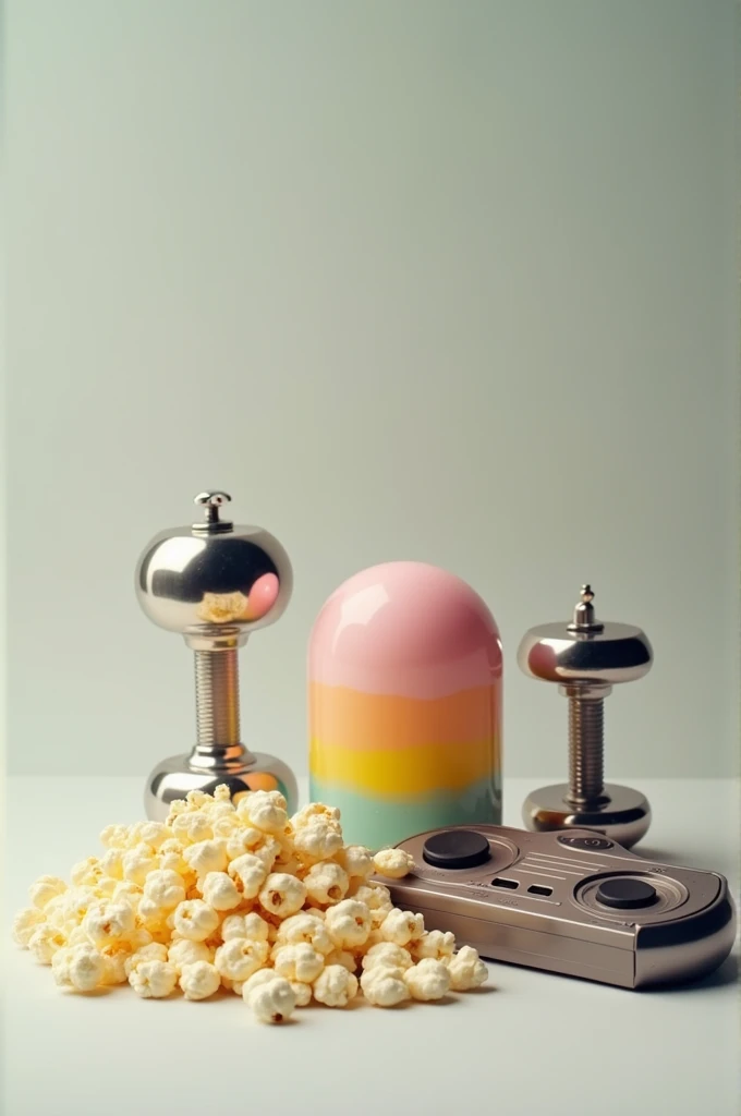 A composition with popcorn, chewing gum, dumbbells and a game control