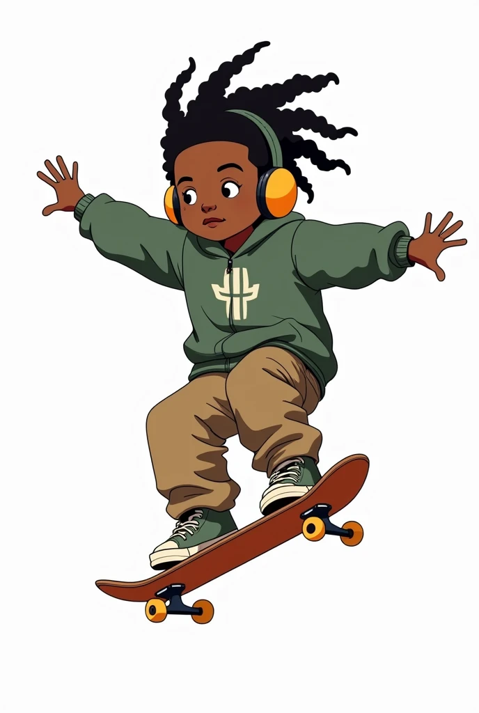 cartoon style, black boy, mixed race boy, The Boondocks style, Samurai Champloo style, dreadlocks, baggy pants, Carhartt, Stussy, skateboard, skateboard trick, in the air, muted realistic colors, plain white background, British style, clothes in the style ...