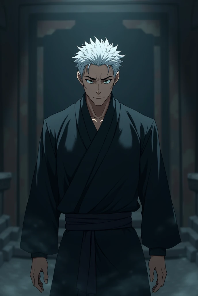 Anime like, majestic, like a novel, serious, mature, colourful, beautiful, martial artist, male, black clothes, powerful, tired look, in a corner, dark, ominous, sad, white short hair, grey-blueish eyes