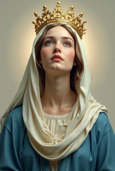  image of the Virgin Mary , She is 30 years old,  she wears a blue and white coat , your veil is white ,  she wears a golden queen crown ,  ultra realistic image,  the Virgin Mary has a serene and compassionate look
