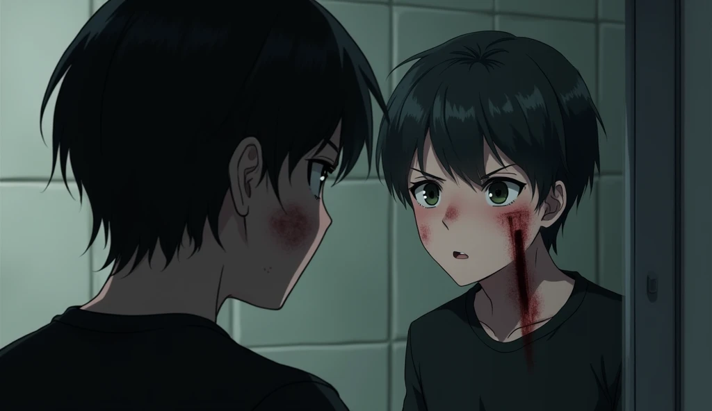  A teenager with medium length black hair , wearing a black shirt in the bathroom ,  looking in the mirror
He has some bruises on his face, and a vertical cut around the neck to the beginning of his face , tense atmosphere