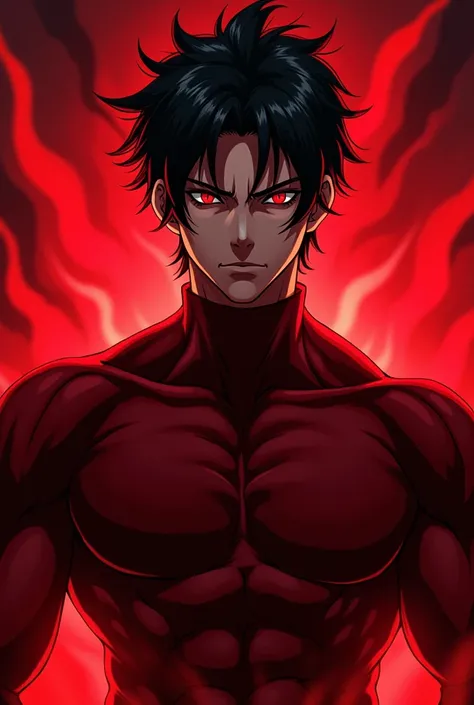 Male anime character with black hair red eyes and red background red clothing PNG