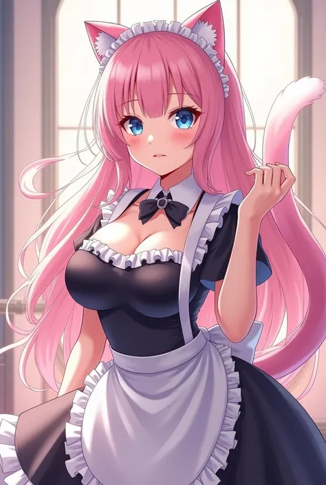 Girl with big breasts with smooth and wavy pink hair with blue eyes and a maid outfit with white ears and tail for a cat in anime style