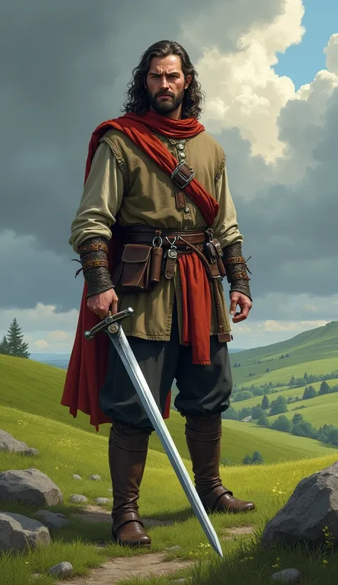 80s 2D style image, William Wallace, hero of the film Braveheart, a man with a determined expression, wearing the simple clothes of a medieval warrior, holding a long sword. In the background, green hills typical of Scotland under a dramatic sky with gray ...