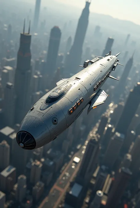 Cylindrical-shaped spaceship flying over a large city.