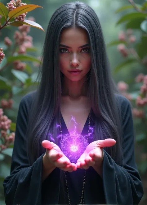 woman,   long straight hair , darkened gray hair   , latina, Witch without a hat   , caramel eyes, in a garden,  with lilac light effects on your hands 