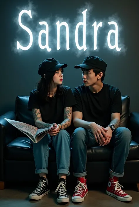  a korean woman 30 years old wearing shabby black newsboy ,  wearing shabby black tshirt ,  wearing blue jeans wearing red converse shoes , arm full tattooed ,  sitting pose shows woman holding large magazine ,  accompanied by a korean man aged 30 wearing ...