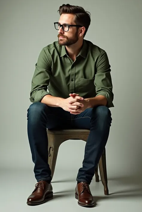 man with glasses, Sitting on an iron chair, green collar shirt,  dark blue jeans , dress shoe