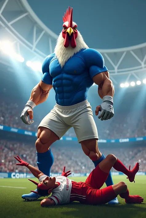 IN A FOOTBALL STADIUM 
A Muscular Rooster Dressed In The Blue And White Football Uniform
And A Defeated Red And White Devil ON THE FLOOR 