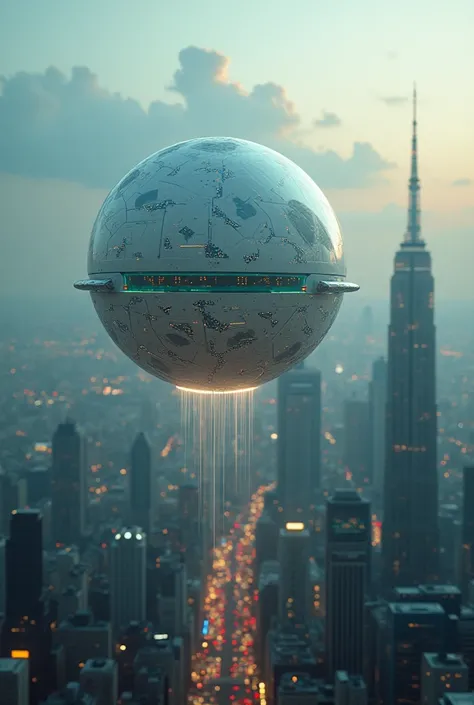 Alien spaceship in the shape of an energy sphere, Everything smooth and fluid ,  flying over a large city .