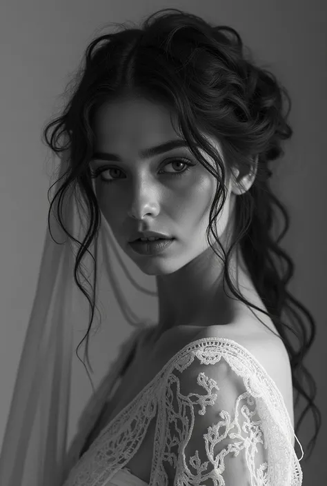 Black and white portrait of beautiful sad woman in lace dress and veil