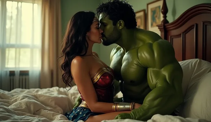 shot with a nikon 360, 
wonder woman and hulk, naked,  sharing a kiss in a bedroom, they are laying on the bed kissing eachother 