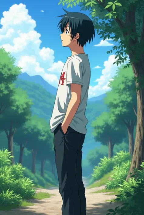 Anime Kirito Kun with normal pants with T-shirt looks to the side in confusion in nature 