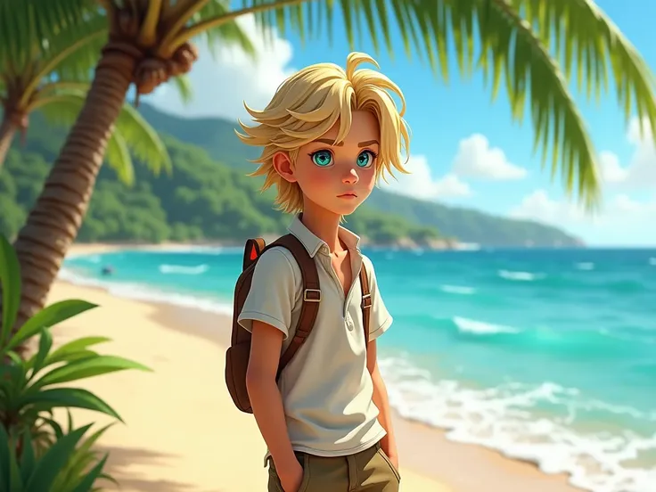 BOY  MALE IN REAL SUMMER CLOTHES ABOUT  FULL BODY TURQUOISE EYES LONG BLONDE HAIR - SERIOUS LOOK - ON A BARSIL BEACH WITH SEA TREES