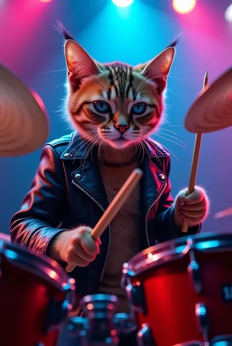 8k Ultra HD realistic, Close-up view of a cool, fierce cat playing drums like a rockstar. The cat is wearing a leather jacket and has a confident, energetic expression as it passionately bangs on a drum set. Its paws are holding drumsticks, striking the dr...