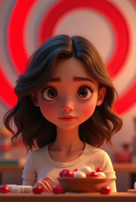 disney pixar style, realistic, girl with a concentrated look, wavy brown hair, beautiful, in front of a target
