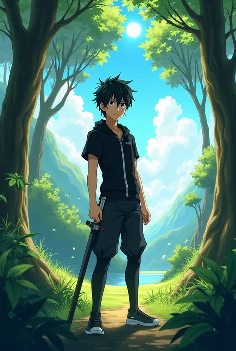 Anime sword art online Kirito Kun standing in nature is annoyed 