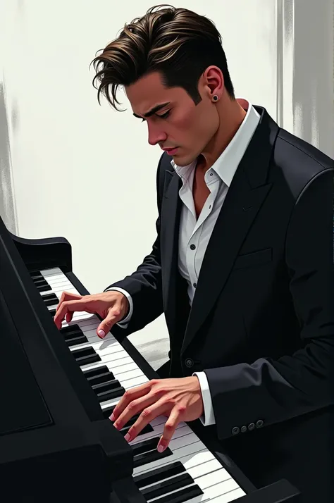  illustration ,  animation in black clothes , man, Playing the piano,  good-looking, Grabbed the , white shirt