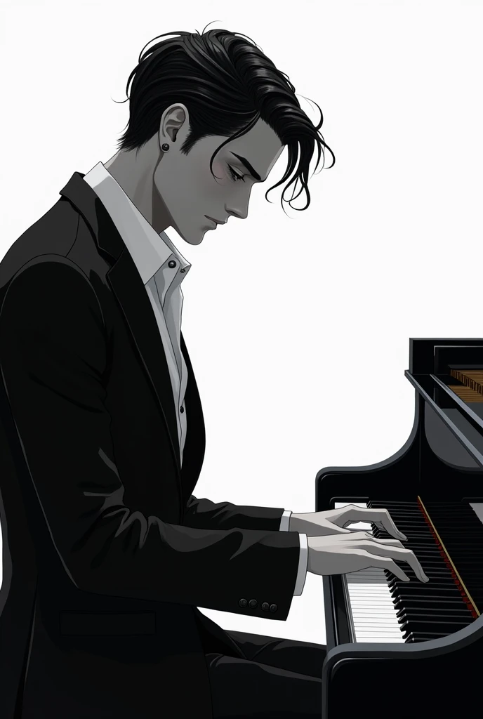  illustration ,  animation in black clothes , Black and white, man, Playing the piano,  good-looking, Grabbed the ,  white shirt top without earrings, Beardless, 귀걸이 없는