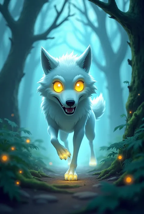 Cartoon alpha ghost wolf running in the woods