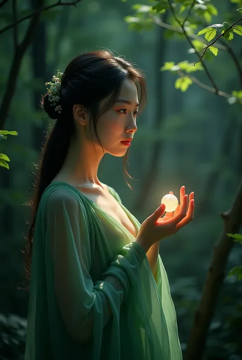 A beautiful Korean woman wearing a green dress while holding a pearl at night looks away against a forest background