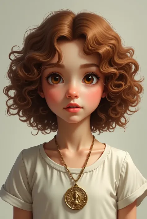 a picture of me,  I have a slightly large curly hair,  he is painted bright brown , I wear dresses ,  I have brown eyes ,  I wear a medal of Our Lady ,  of the miraculous medal , I&#39;m white,  Im only  , Im young ,  BIG HAIR WITH LIGHTS, AND THE DRESS IS...