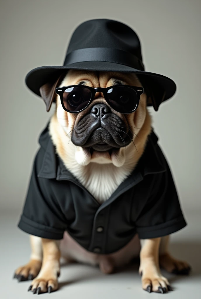 Pug dressed as Walter White black hat and dark glasses Breaking Bad 
