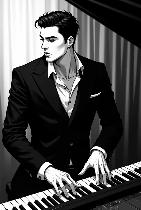  illustration ,  animation in black clothes , Black and white, man, Playing the piano,  good-looking, Grabbed the ,  white shirt top without earrings, Beardless, 귀걸이없는,  broad shoulder 