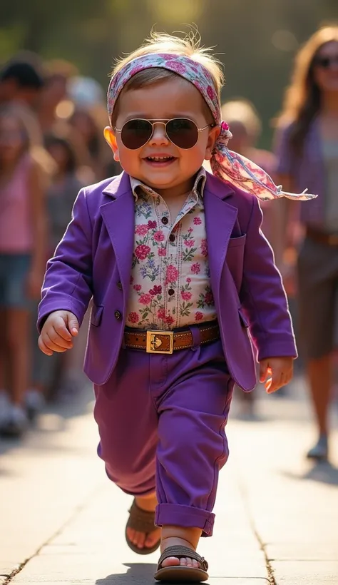 A joyful, chubby American baby boy confidently walking a fashion runway. He has a round, chubby face with exaggerated baby cheeks and a radiant smile. Dressed in a vibrant purple floral print suit paired with a bohemian-patterned shirt, a slim belt accentu...