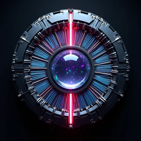 "Create a hyper-detailed, futuristic alien spaceship engine core wall-mounted lamp. The design should center around an 80mm crystal ball that appears to float in the middle of the composition, glowing dynamically with vibrant RGB lighting. Surround the bal...