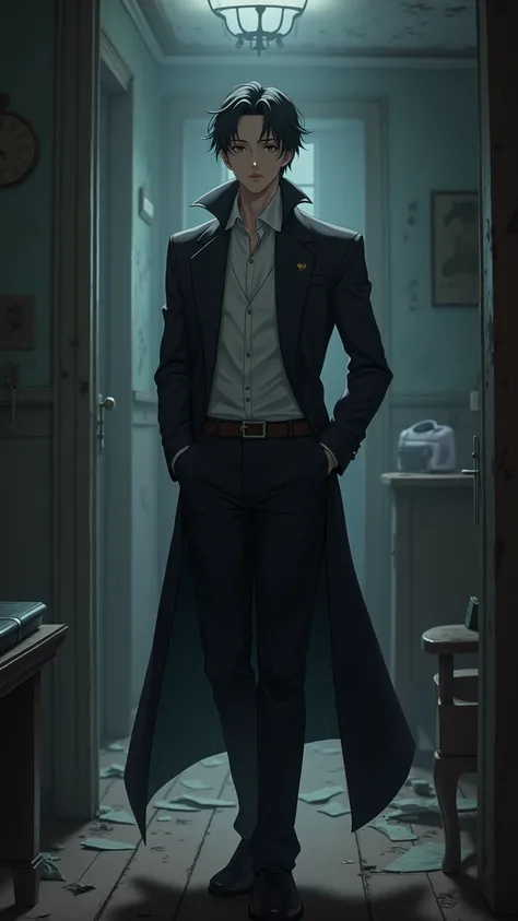 A young elegant man in a dark environment in a gloomy old style messy house anime ultra-realistic