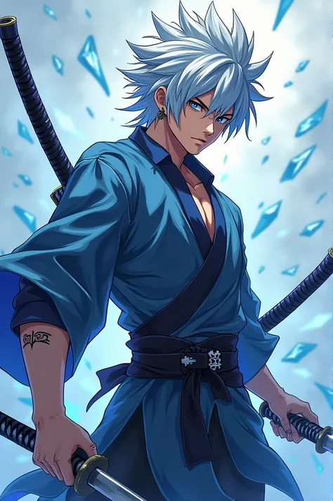  A male anime character , who has white and blue hair ,  who wears 2 katanas and has ice power