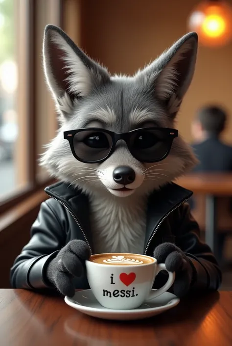 Happy gray coyote enjoining a good SMOKEY cup of Coffee.
The coyote is wearing a black leather jacket and sunglasses.
The coyotes paws must be clearly seen.
The cup has the text "I ♥️ MESSI".