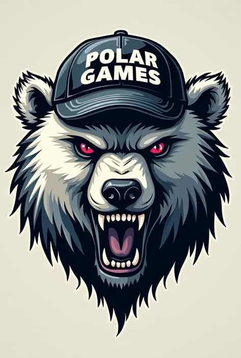 Polar bear logo with an evil face wearing trucker cap, written on the cap " polar games"