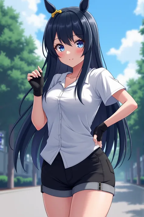 source_anime, score_9, score_8_up, score_7_up,  anime screenshot, videldbz, 1 girl, Alone,  looking at the spectator ,  long hair,  Blue Eyes,  black hair, rabos de cavalo, in this, (((ass grab))),  thick thighs , white shirt, academia, fingerless gloves, ...