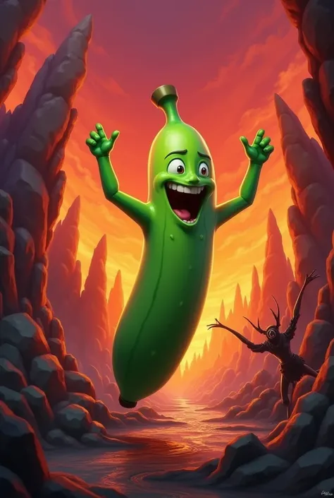 Green banana from Fornite in hell celebrating