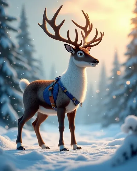 A majestic reindeer named Dasher, standing proudly in a snowy winter landscape. Dasher has a strong and athletic build, with a sleek, glossy coat and antlers that curve elegantly upwards. He is adorned with a blue harness that symbolizes his role as a swif...