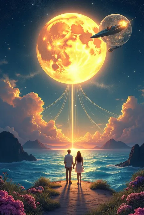 "An ethereal scene featuring a luminous full moon as the centerpiece, its rays cascading in golden hues that illuminate a couple standing hand in hand. The moon appears as both a celestial mirror and a portal, reflecting vibrant, colorful memories swirling...