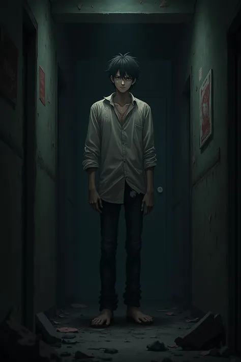 A young man with worn, dirty and torn clothes in a dark house, ultra realistic dark anime environment.