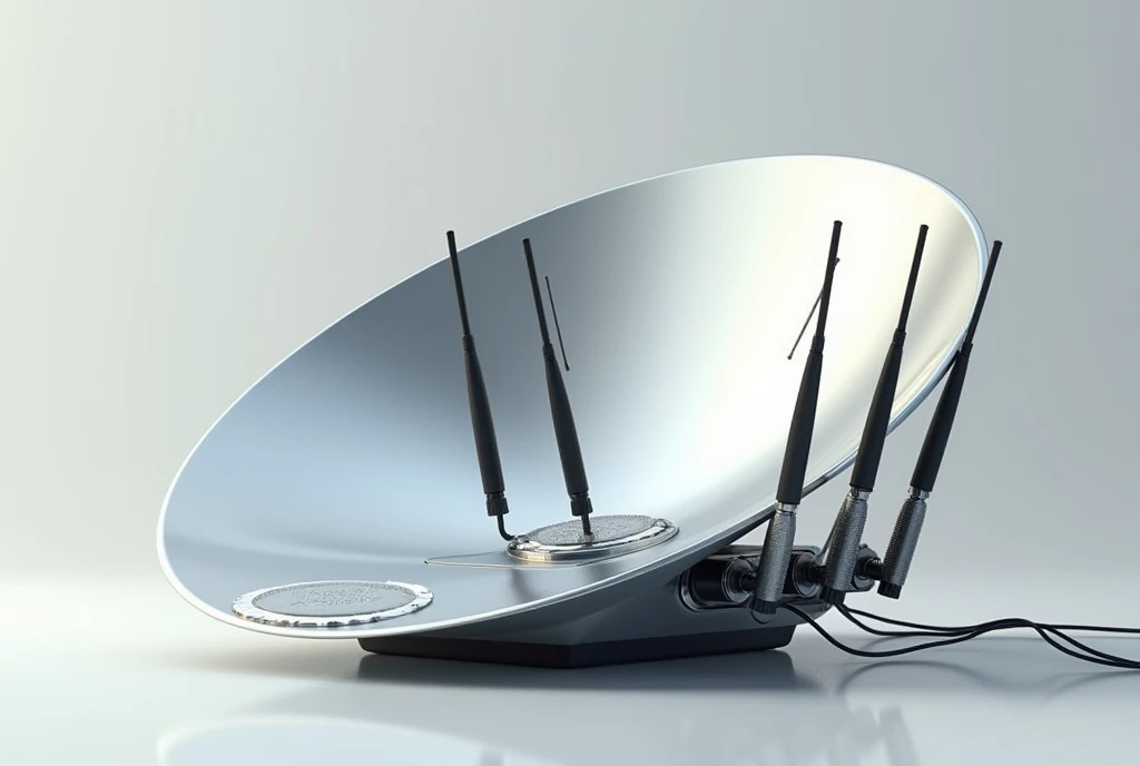 create an image of a wifi signal router, with aluminum foil in a curved shape, attached to its antennas with wires, as if it were a satellite dish