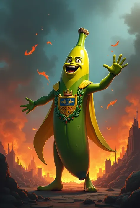 Green banana from Fornite in hell celebrating with national coat of arms 