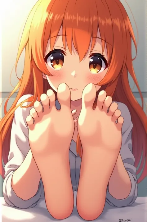 Animegirl, orange_hair, barefeet, soles, foot_focus, 