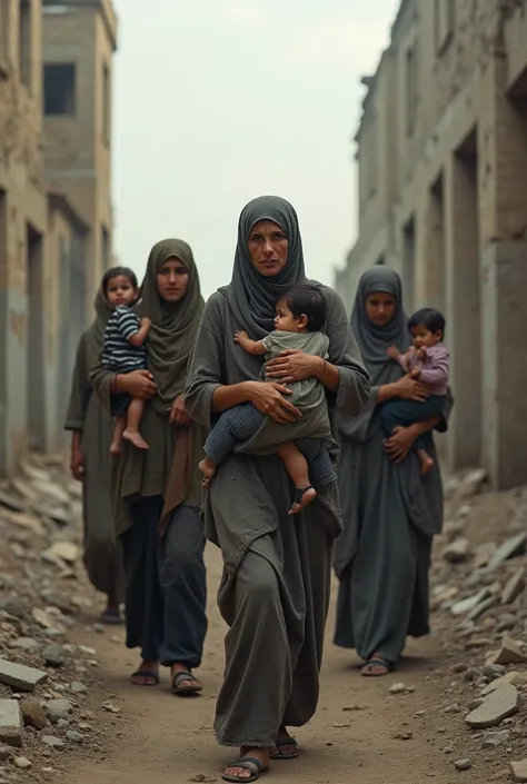  Remarkable Syrian prison destroyed.  Tired female prisoners without care . ren in their arms . 