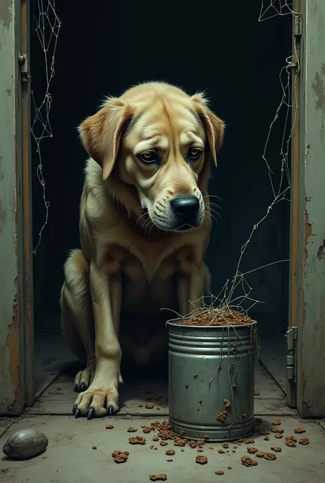 A dog with a, bruised, sad and dirty, inside an abandoned basement full of spiders ,  with a canister of food that has no kibble just a spiders web