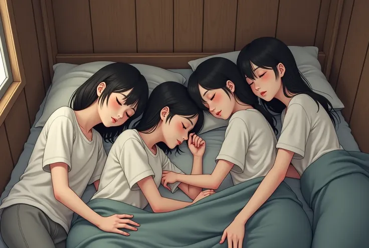 Four girls, sleep together, peacefully, one bed, daily clothes, t shirt, pants, realistic, black hair, simple wooden house